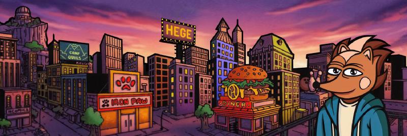 Hege to the right, with a cityscape behind him