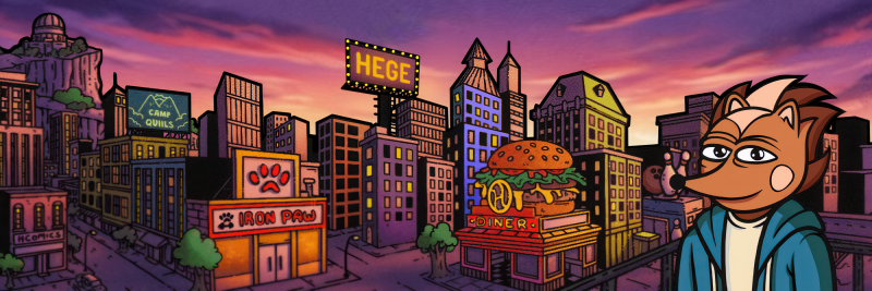 Hege to the right, with a cityscape behind him