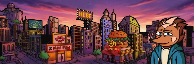 Hege to the right, with a cityscape behind him