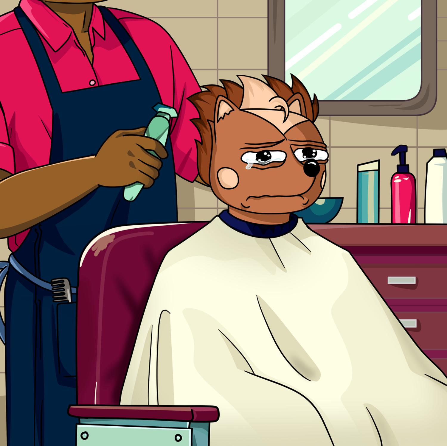 Hege sitting in a barbershop chair crying because his spikes were cut too short