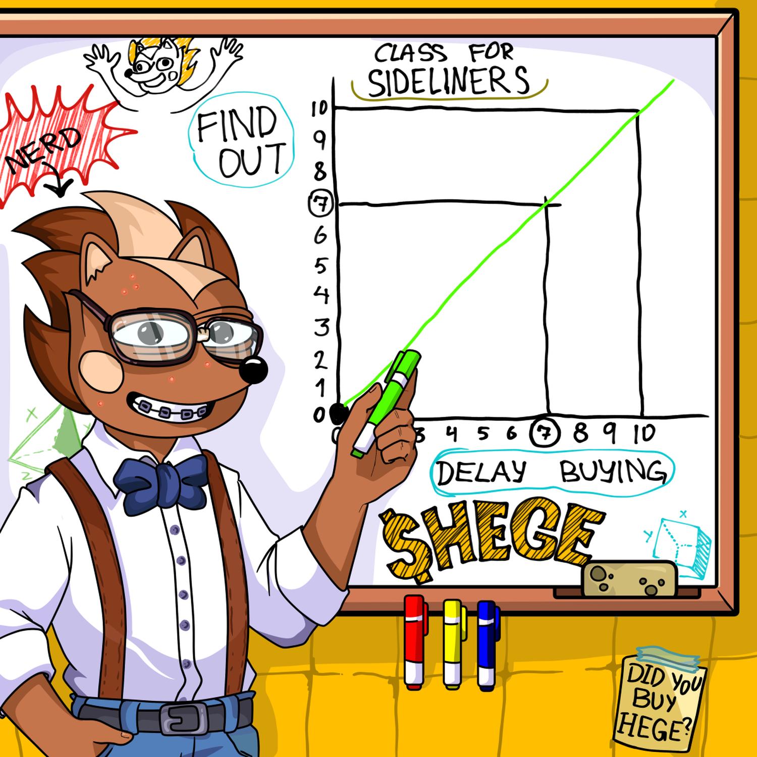 Hege with braces and wonky glasses in front of a whiteboard with diagrams