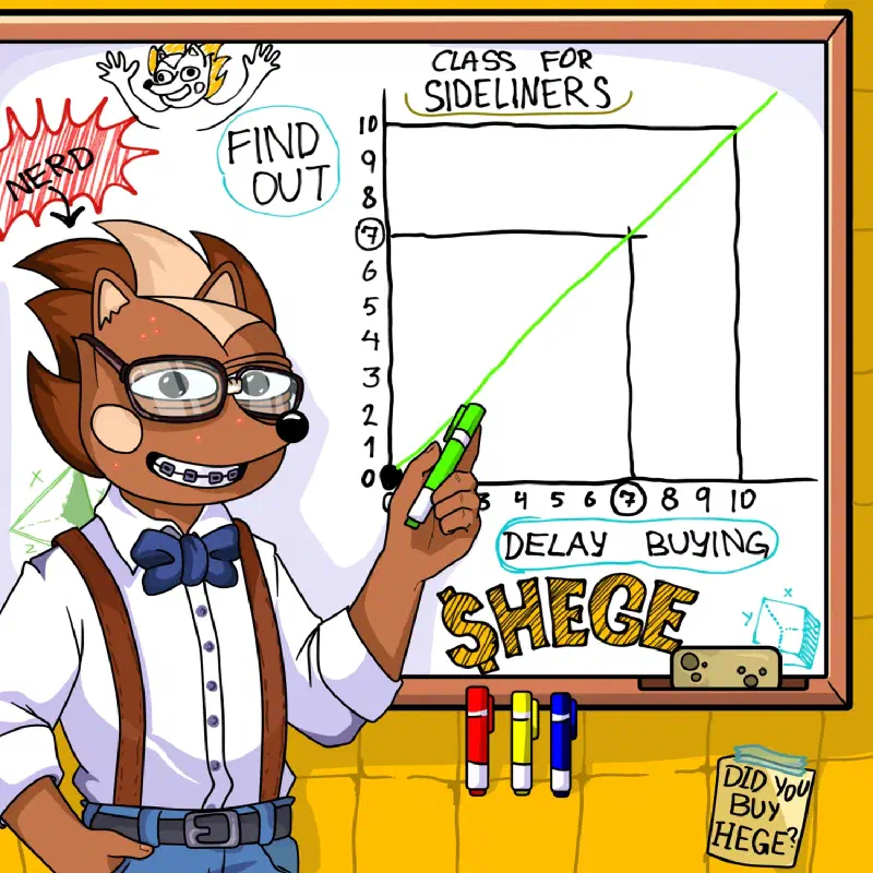 Hege with braces and wonky glasses in front of a whiteboard with diagrams