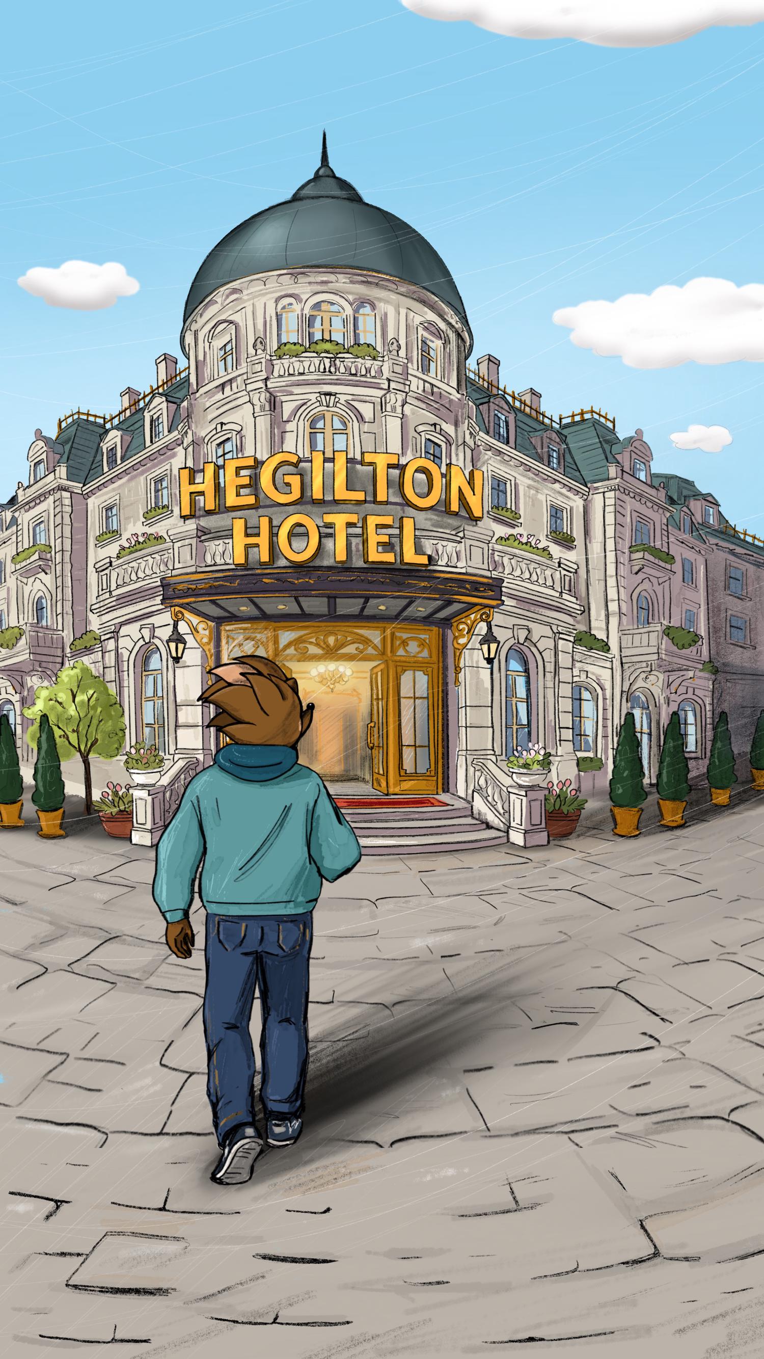 Hege walking up to the entrance of the Hegilton Hotel
