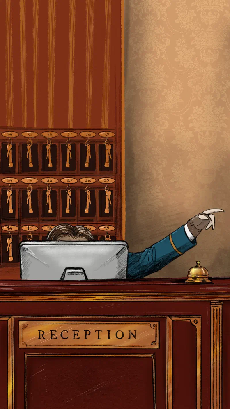 A sloth behind the reception desk. His face is hidden behind the computer monitor, and his left arm is pointing to the right