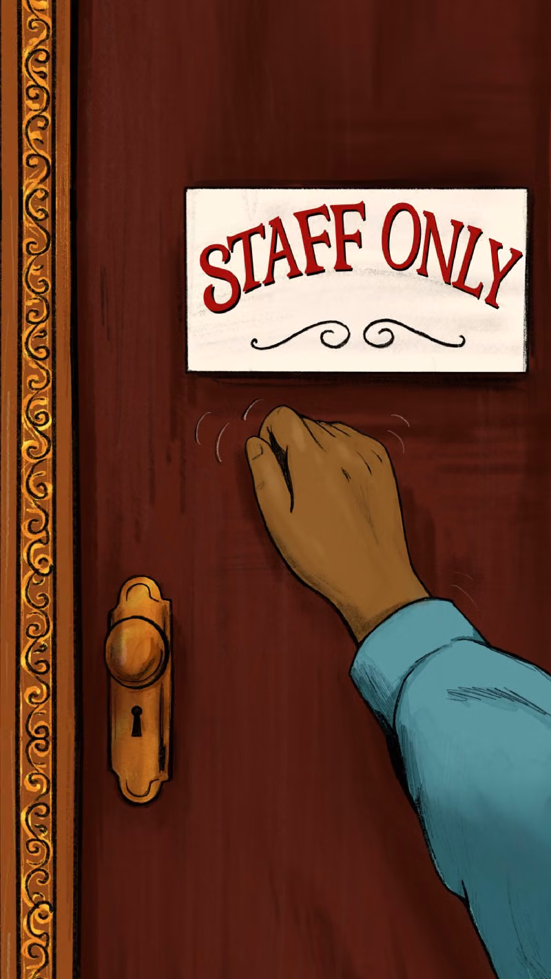 Hege's hand knocking on a red door with the sign 'Staff Only'