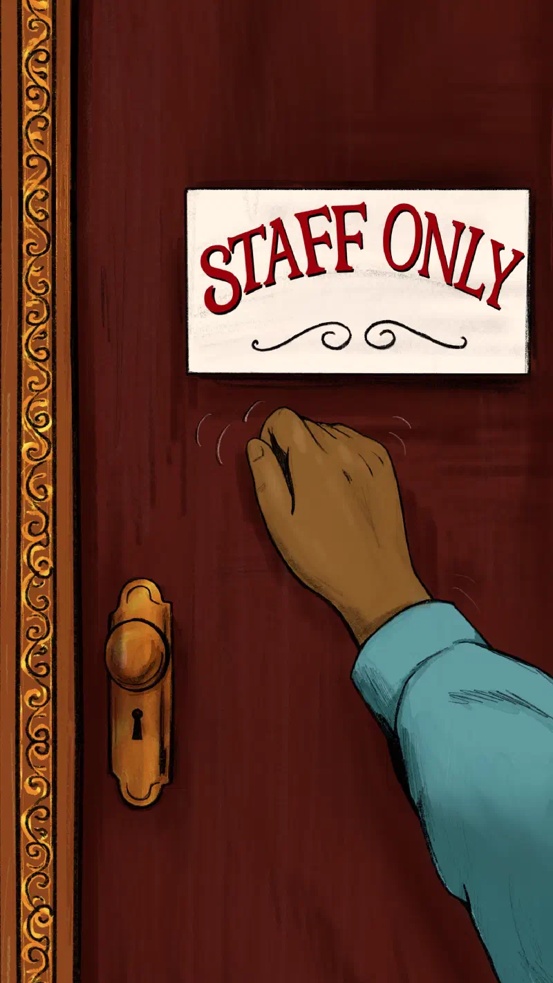 Hege's hand knocking on a red door with the sign 'Staff Only'