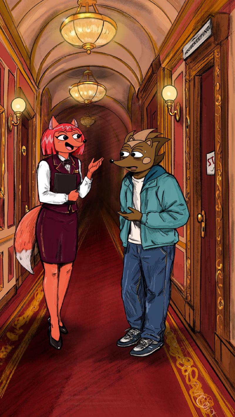 Hege and Reyna talking outside the housekeeping door at the Hegilton Hotel