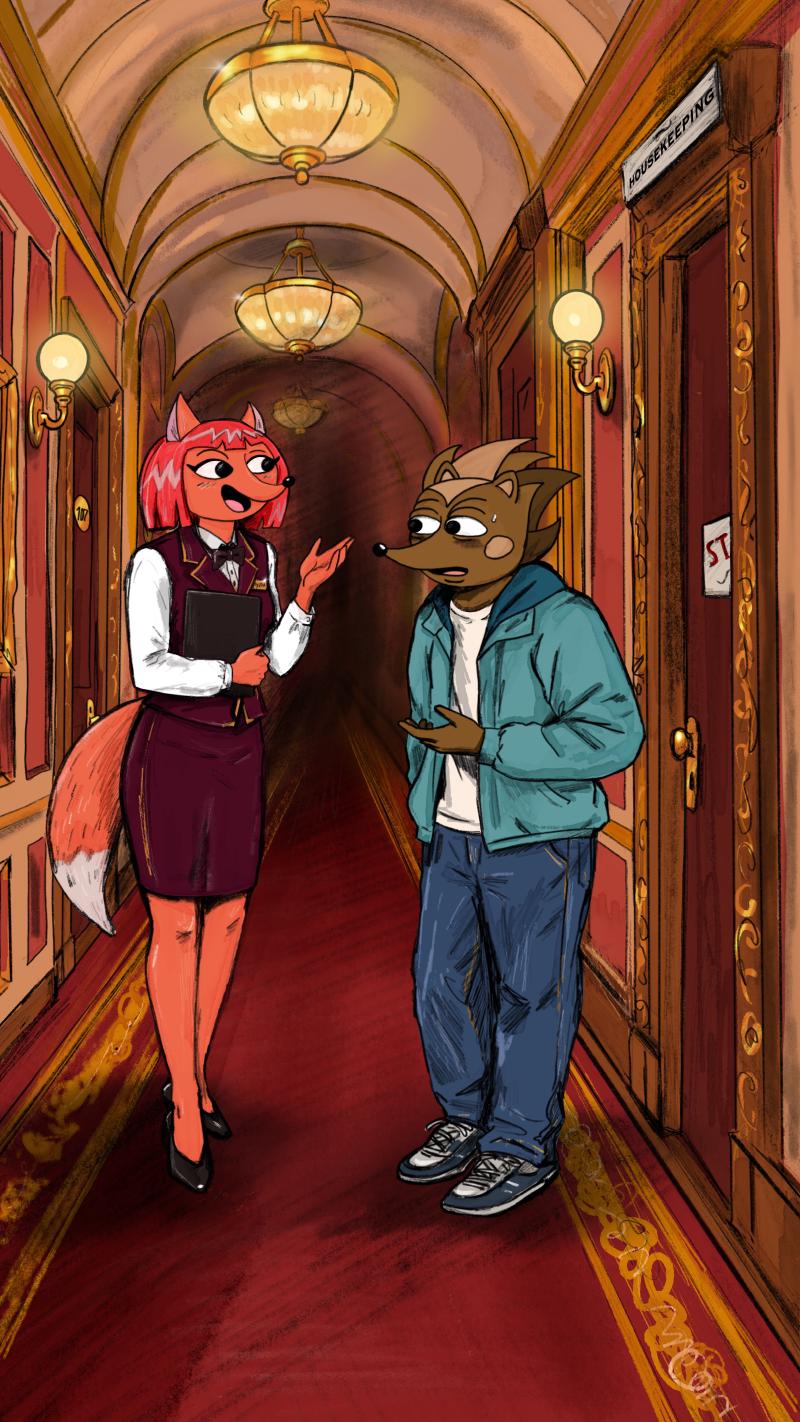 Hege and Reyna talking outside the housekeeping door at the Hegilton Hotel