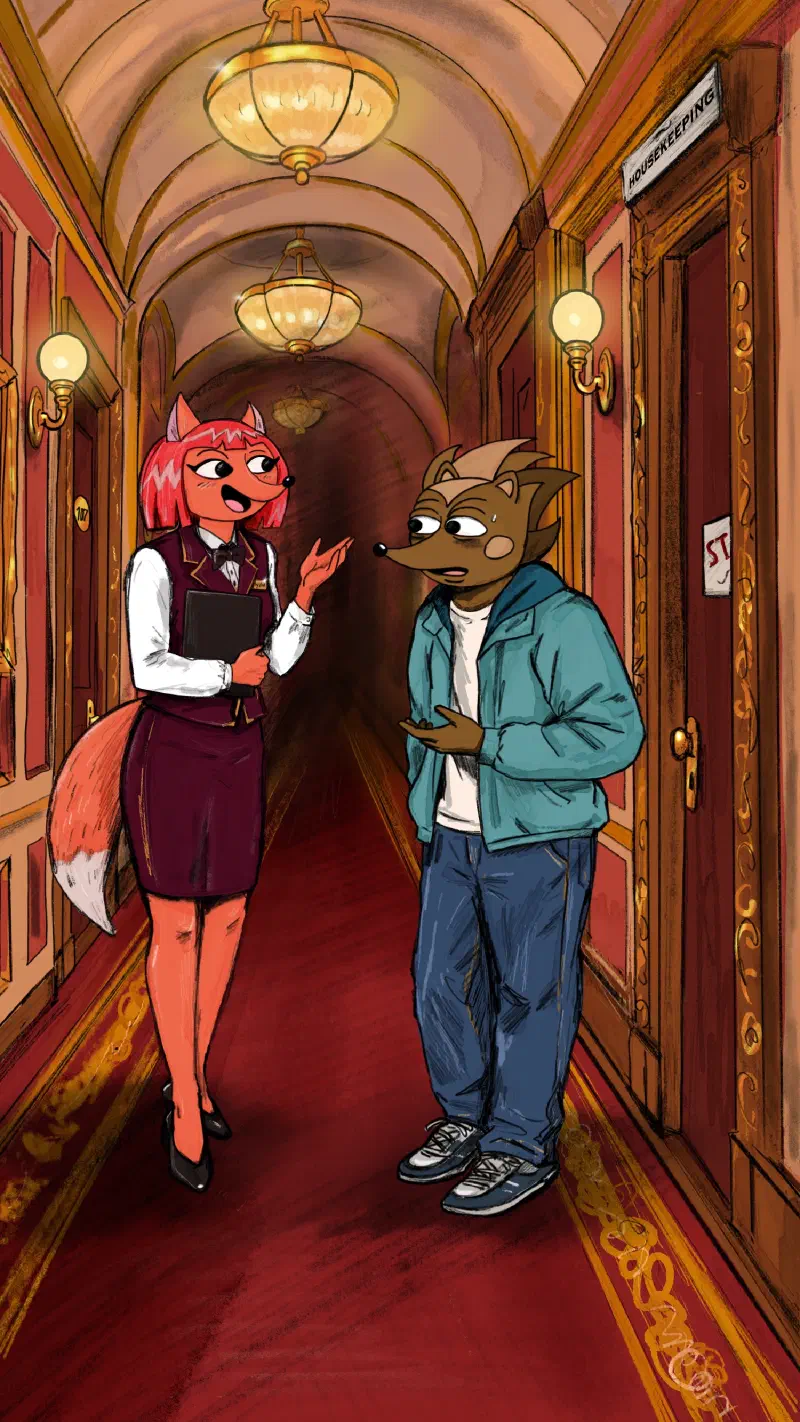 Hege and Reyna talking outside the housekeeping door at the Hegilton Hotel
