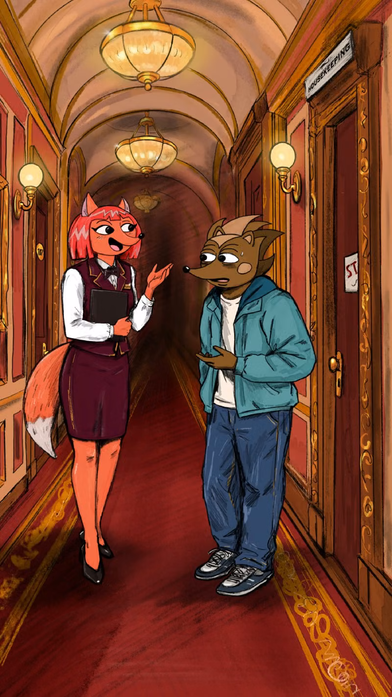 Hege and Reyna talking outside the housekeeping door at the Hegilton Hotel