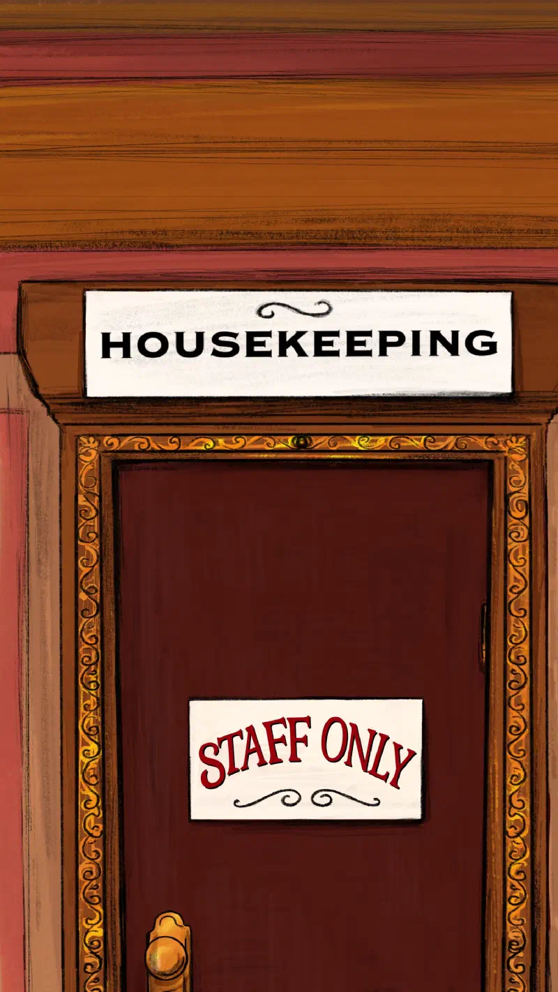 A red door with the sign 'Staff Only' on the door, 'Housekeeping' up above it