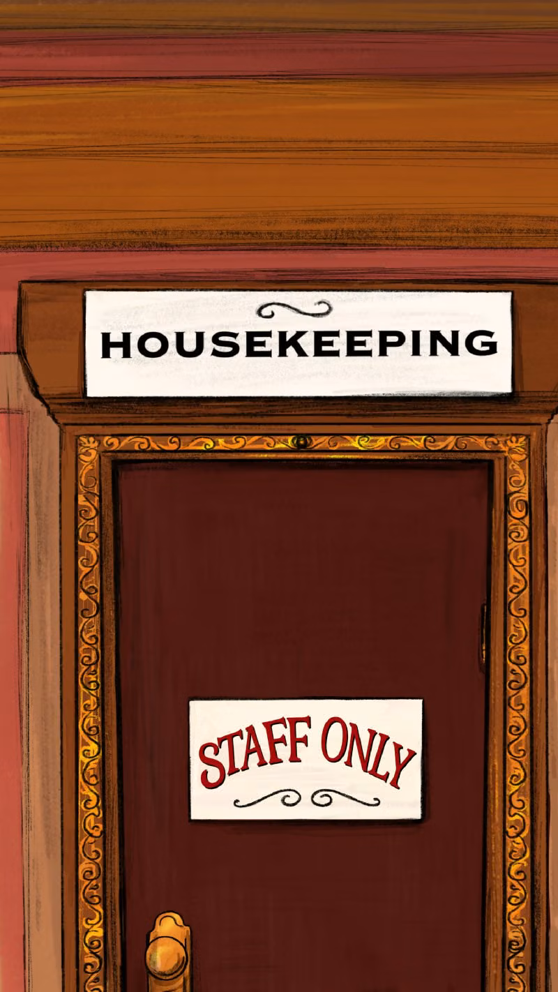 A red door with the sign 'Staff Only' on the door, 'Housekeeping' up above it