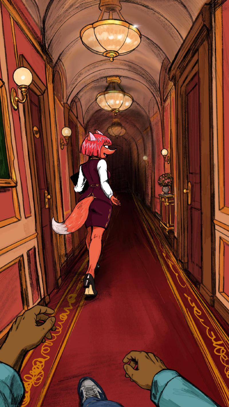 Reyna walking off down a corridor at the Hegilton, inviting Hege to follow along