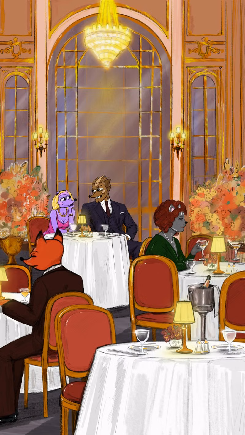Hegena and Hendrix sitting in the dining room of the Hegilton Restaurant