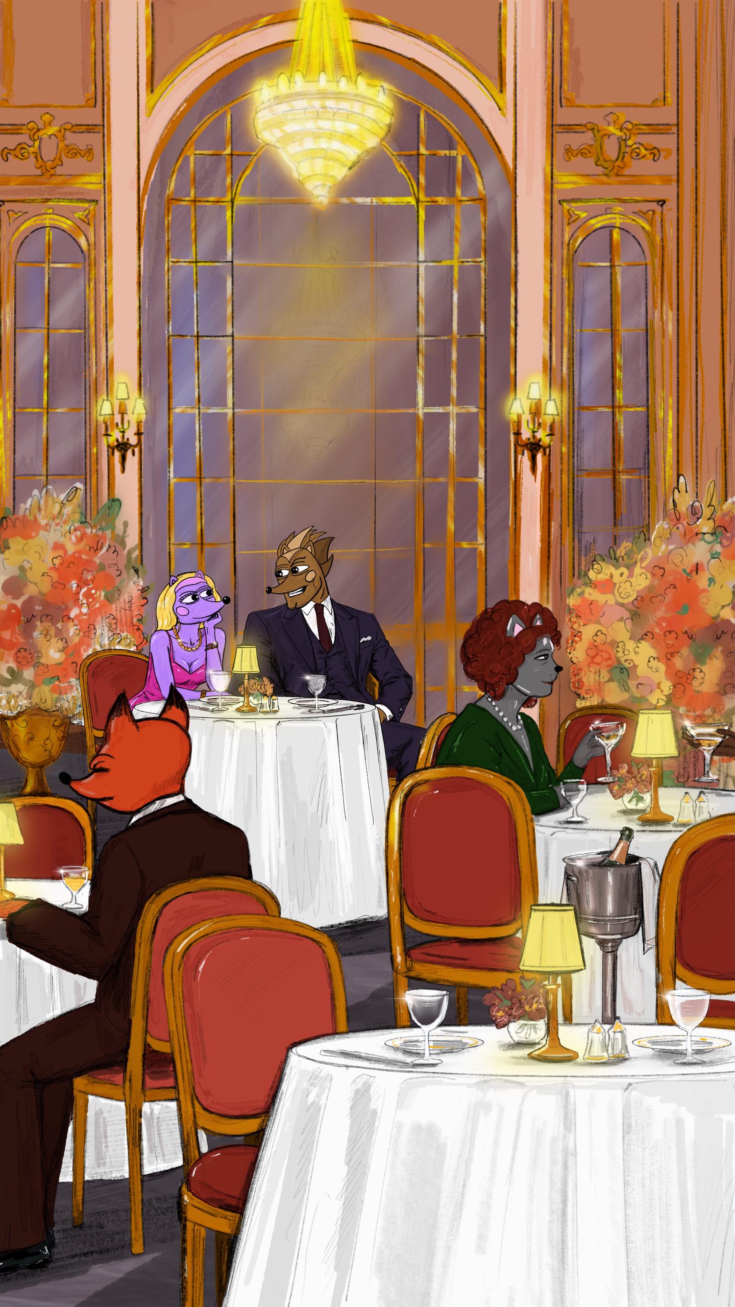 Hegena and Hendrix sitting in the dining room of the Hegilton Restaurant