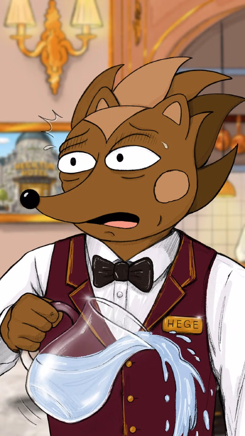 Hege dropping a pitcher with a shocked look on his face