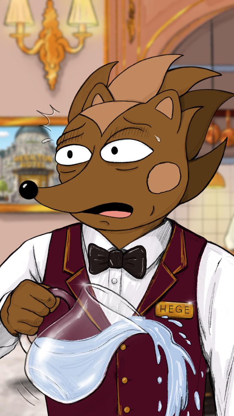 Hege dropping a pitcher with a shocked look on his face