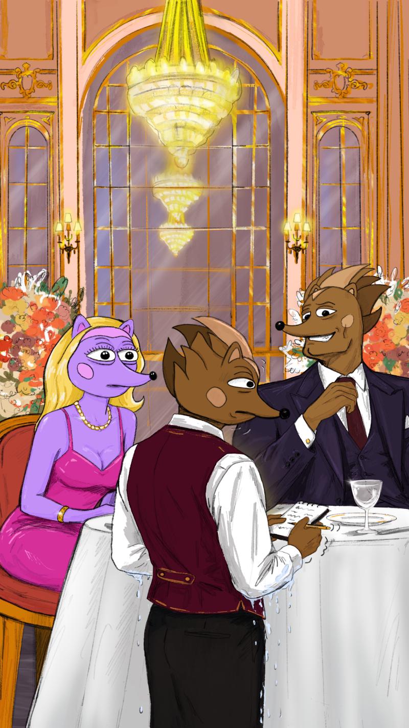 Hege taking orders from Hegena and Hendrix in the Hegilton Restaurant