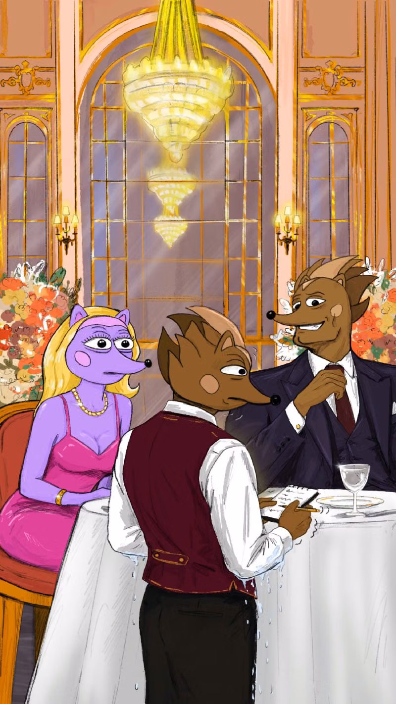 Hege taking orders from Hegena and Hendrix in the Hegilton Restaurant