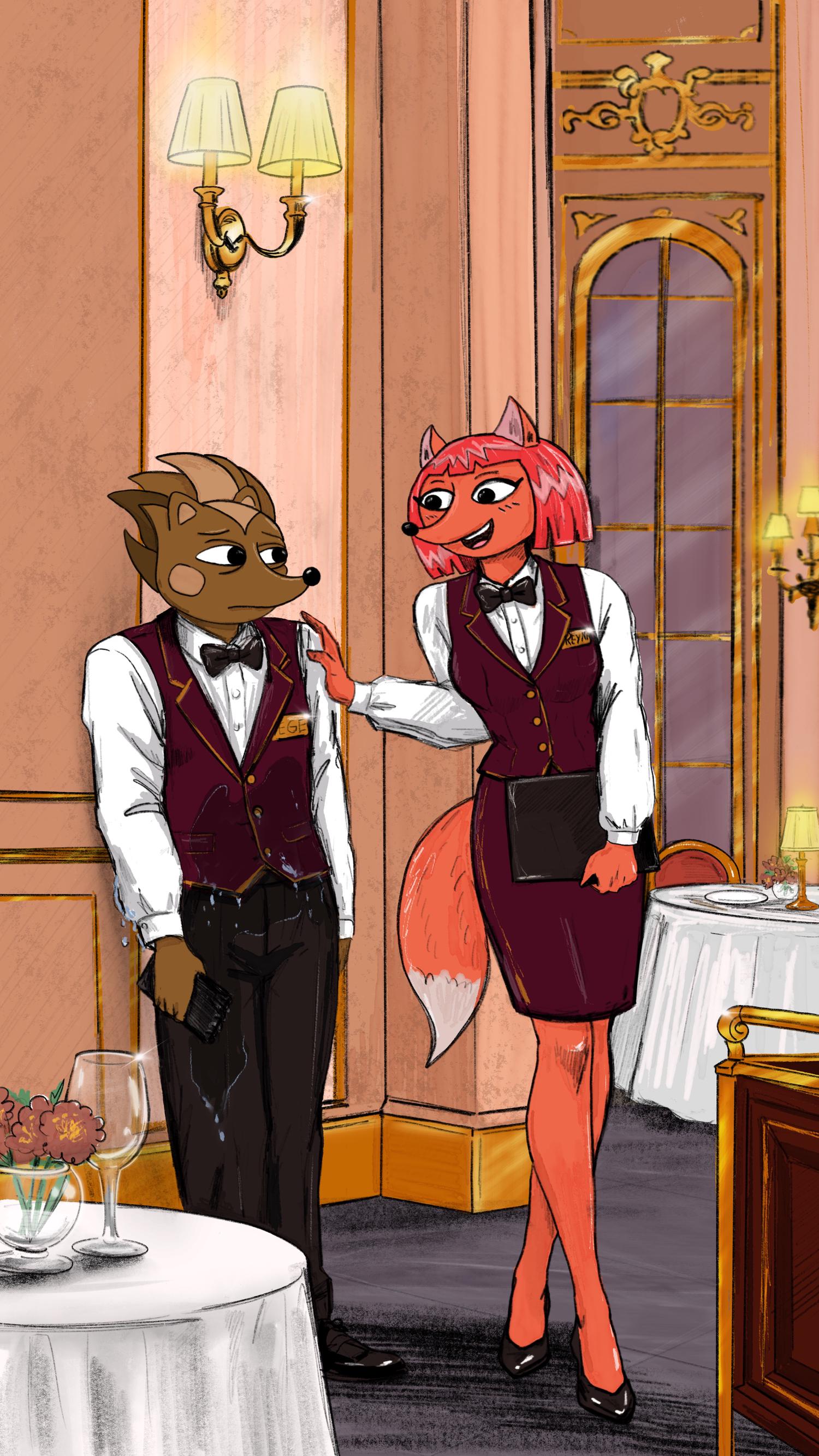 Reyna cheering Hege up on his first shift in the Hegilton Restaurant