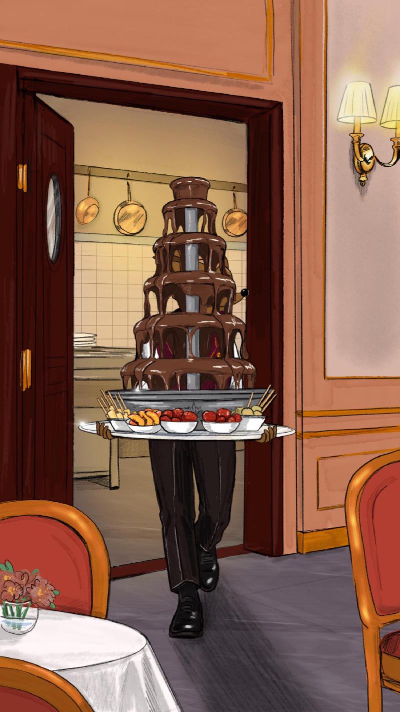 Hege carrying a Hegilton Chocolate Fountain