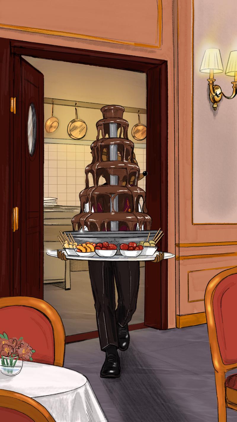 Hege carrying a Hegilton Chocolate Fountain
