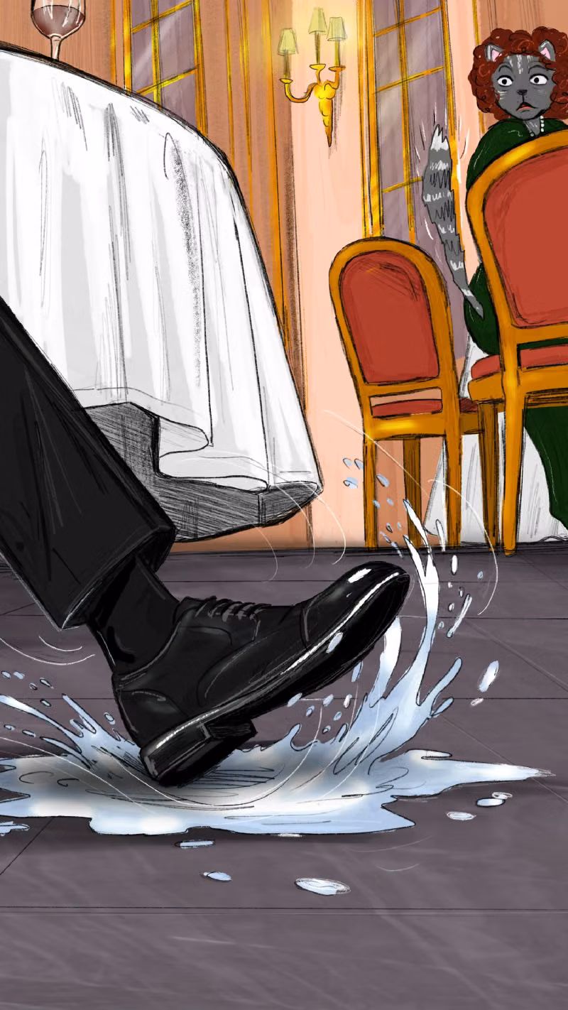 Hege slipping on a puddle of water in the Hegilton Restaurant