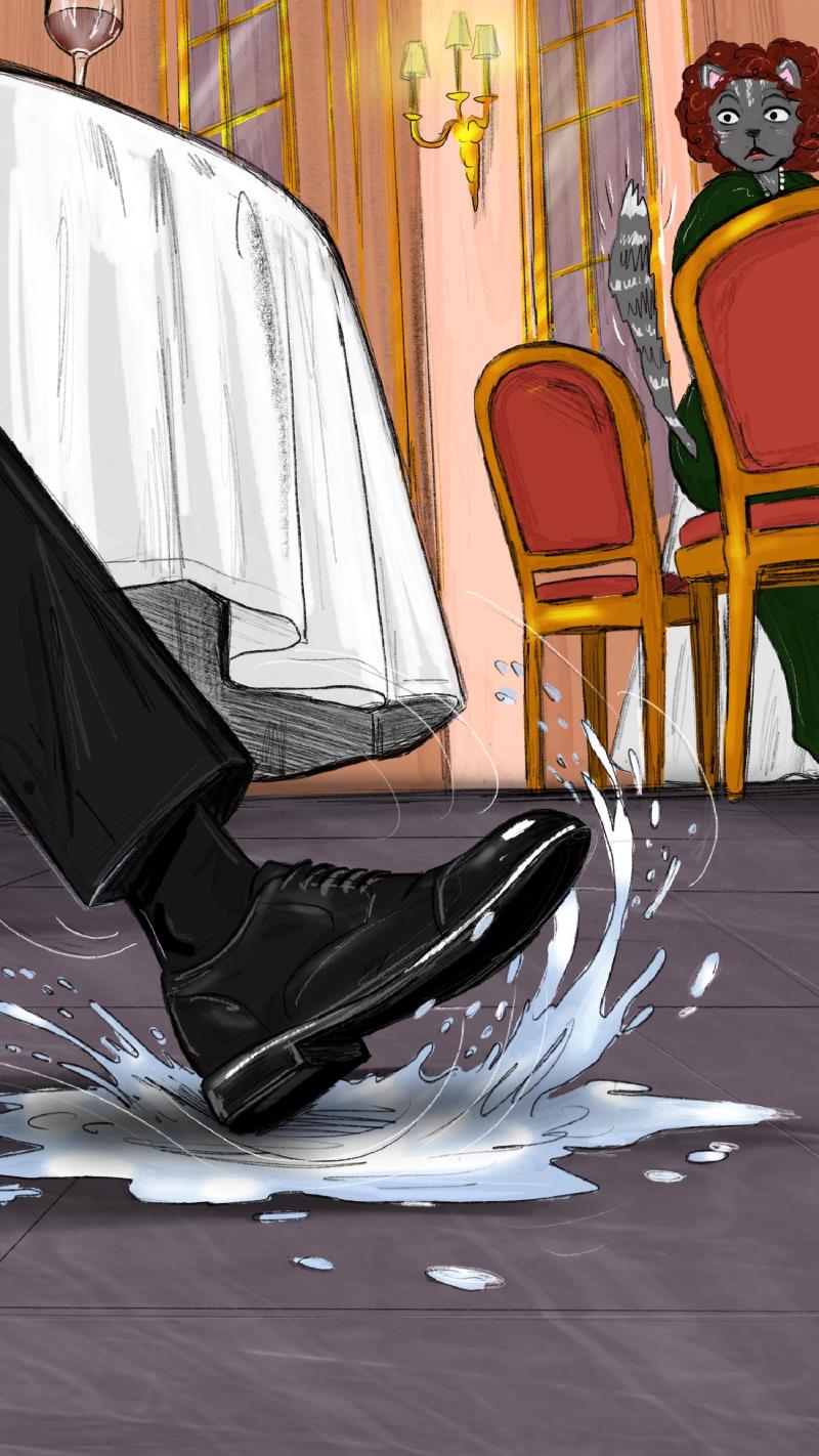 Hege slipping on a puddle of water in the Hegilton Restaurant