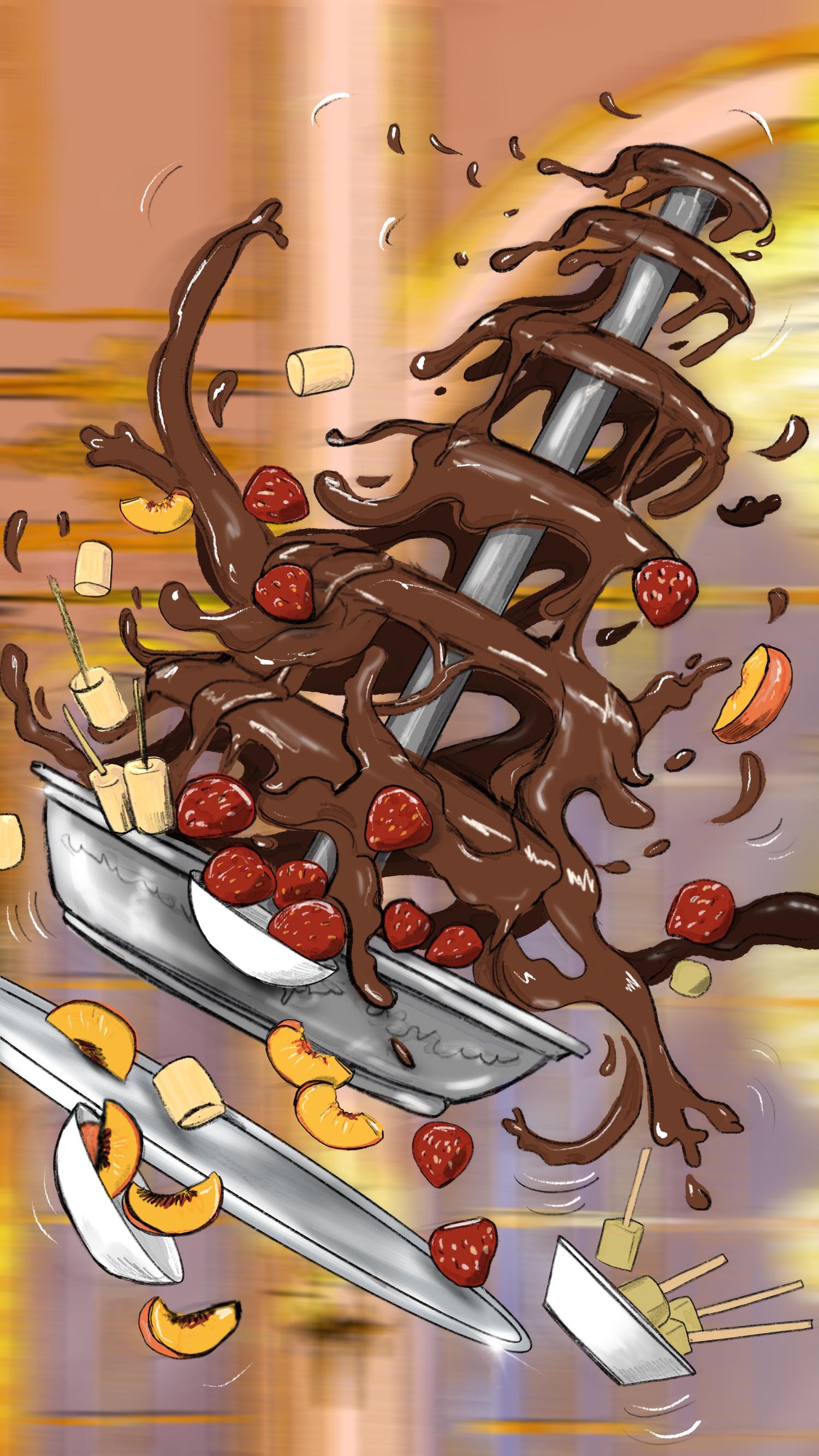 A Hegilton Chocolate Fountain flying through the air