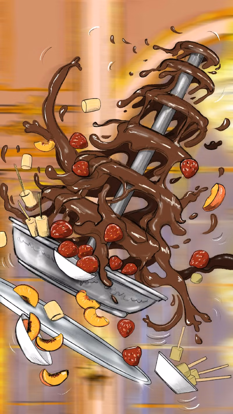A Hegilton Chocolate Fountain flying through the air