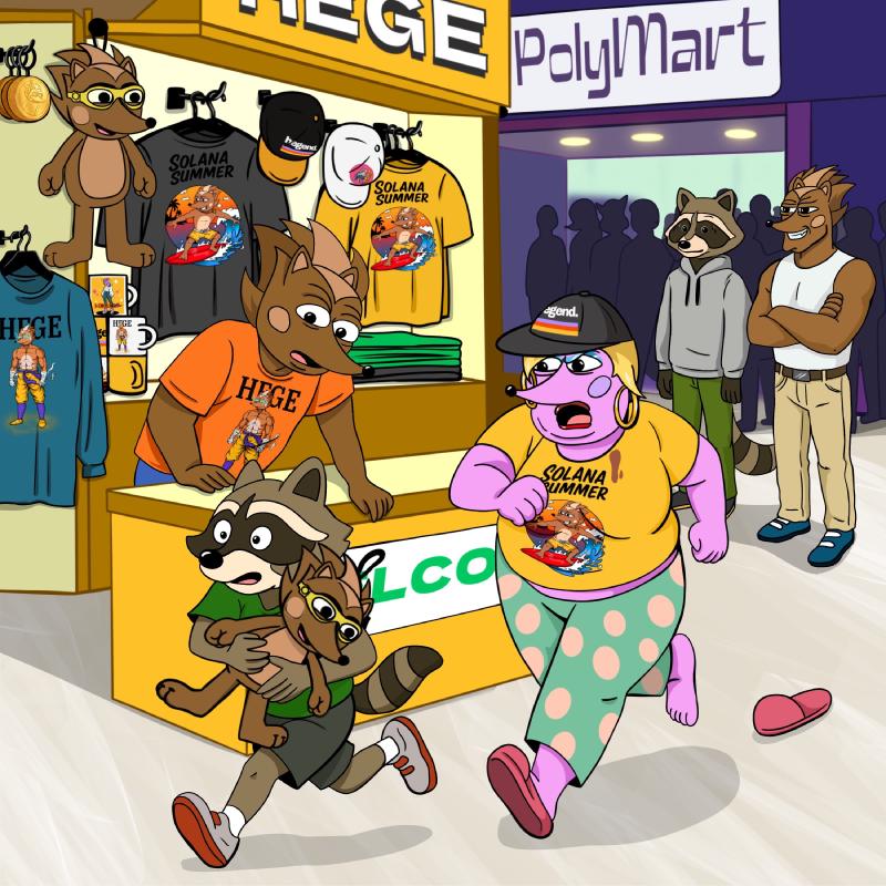 Helena chasing a young racoon trying to shoplift a Hege plushie