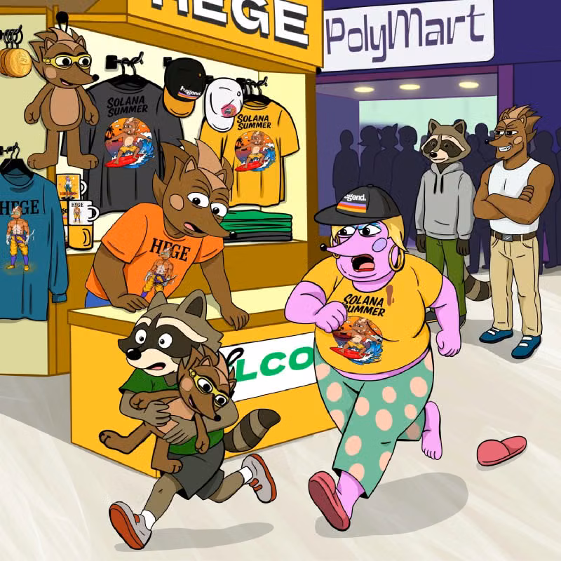 Helena chasing a young racoon trying to shoplift a Hege plushie
