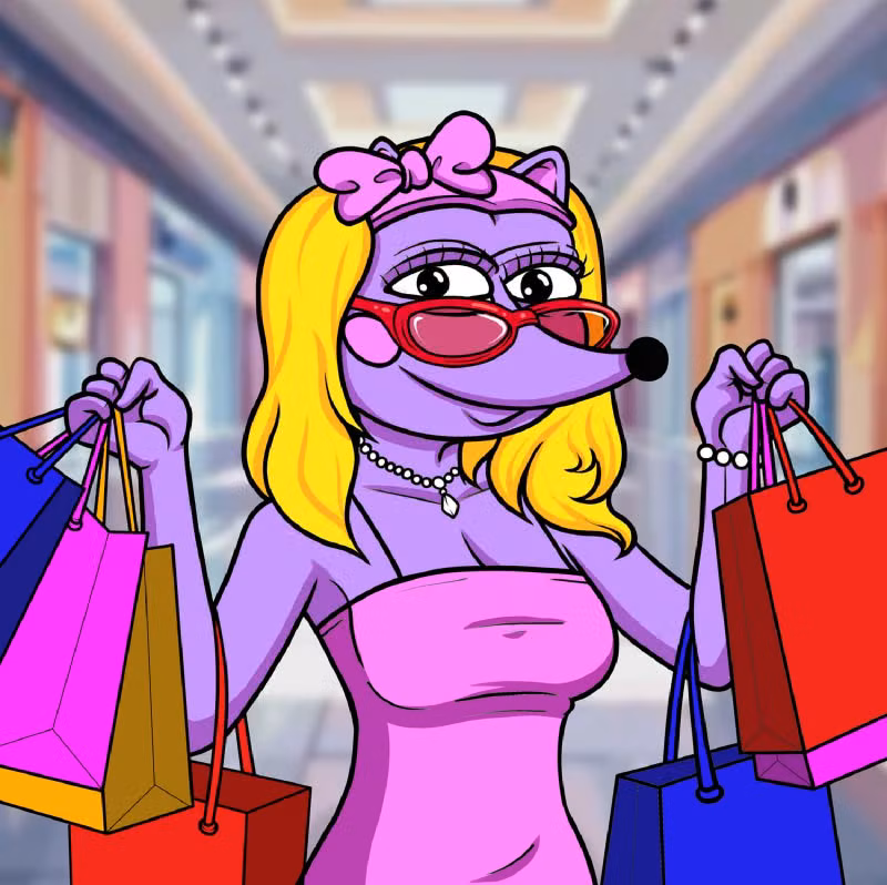 Hegena sporting red sunglasses and holding multiple colorful shopping bags in each hand