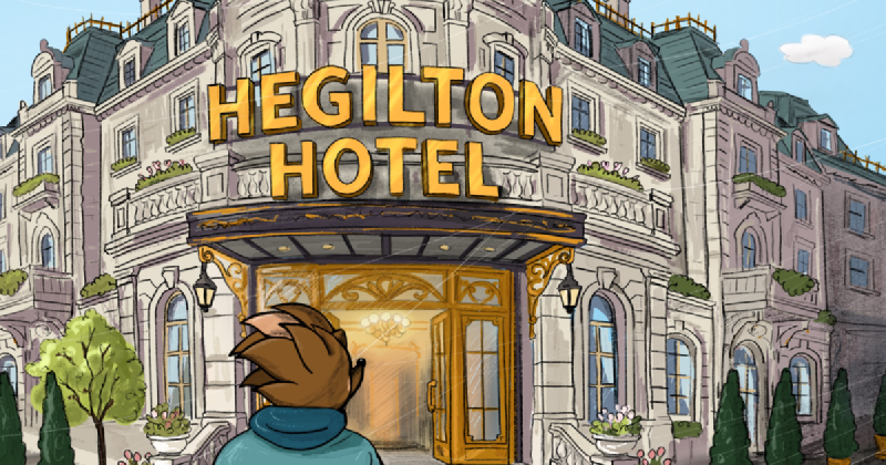 Hege walking up to the entrance of the Hegilton Hotel