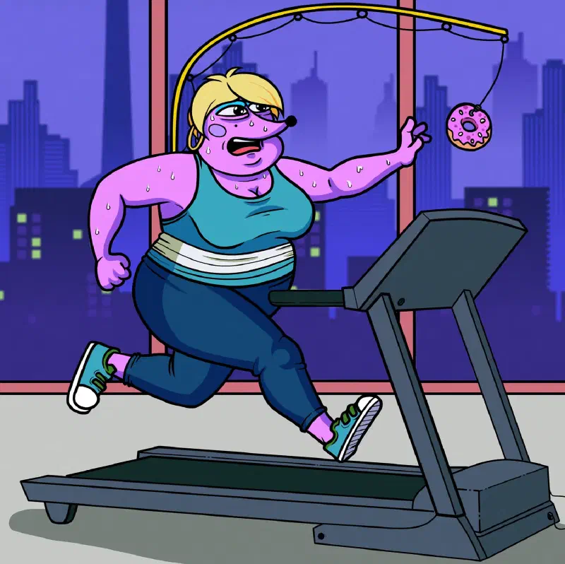 Helena running on the gym treadmill, trying to reach a donut hanging just out of her reach