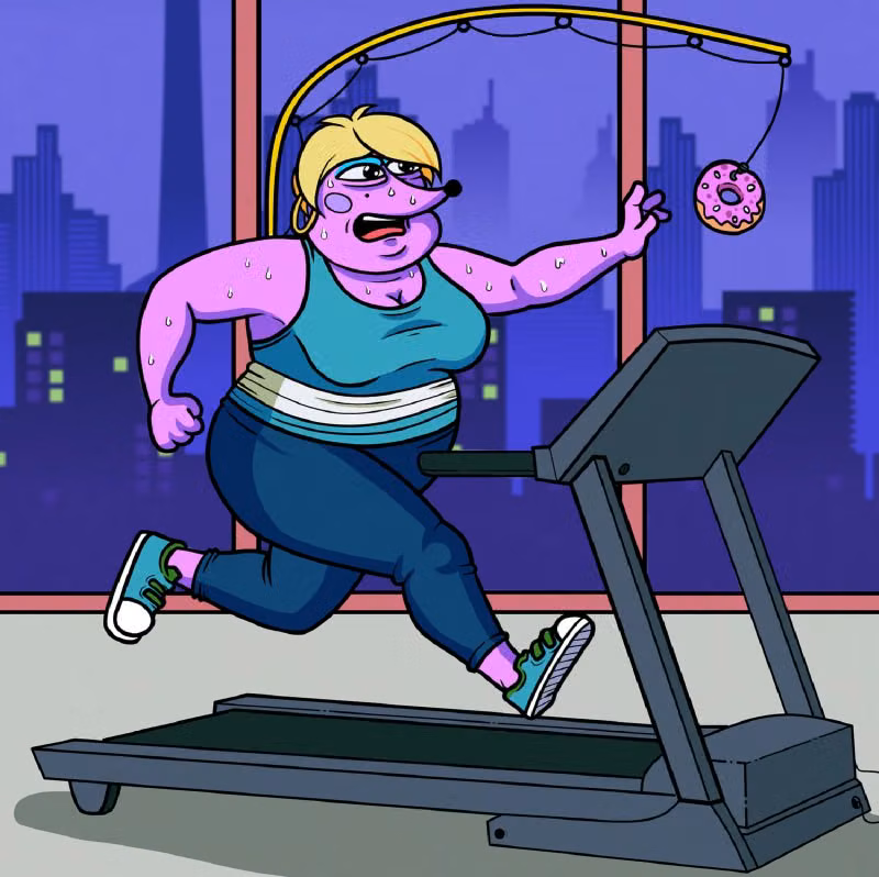 Helena running on the gym treadmill, trying to reach a donut hanging just out of her reach