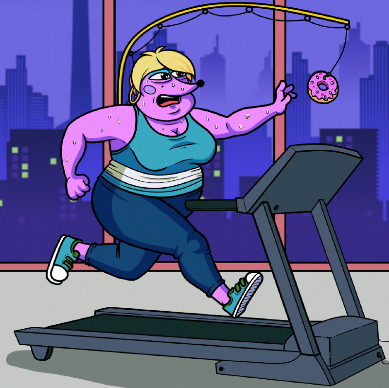 Helena running on the gym treadmill, trying to reach a donut hanging just out of her reach