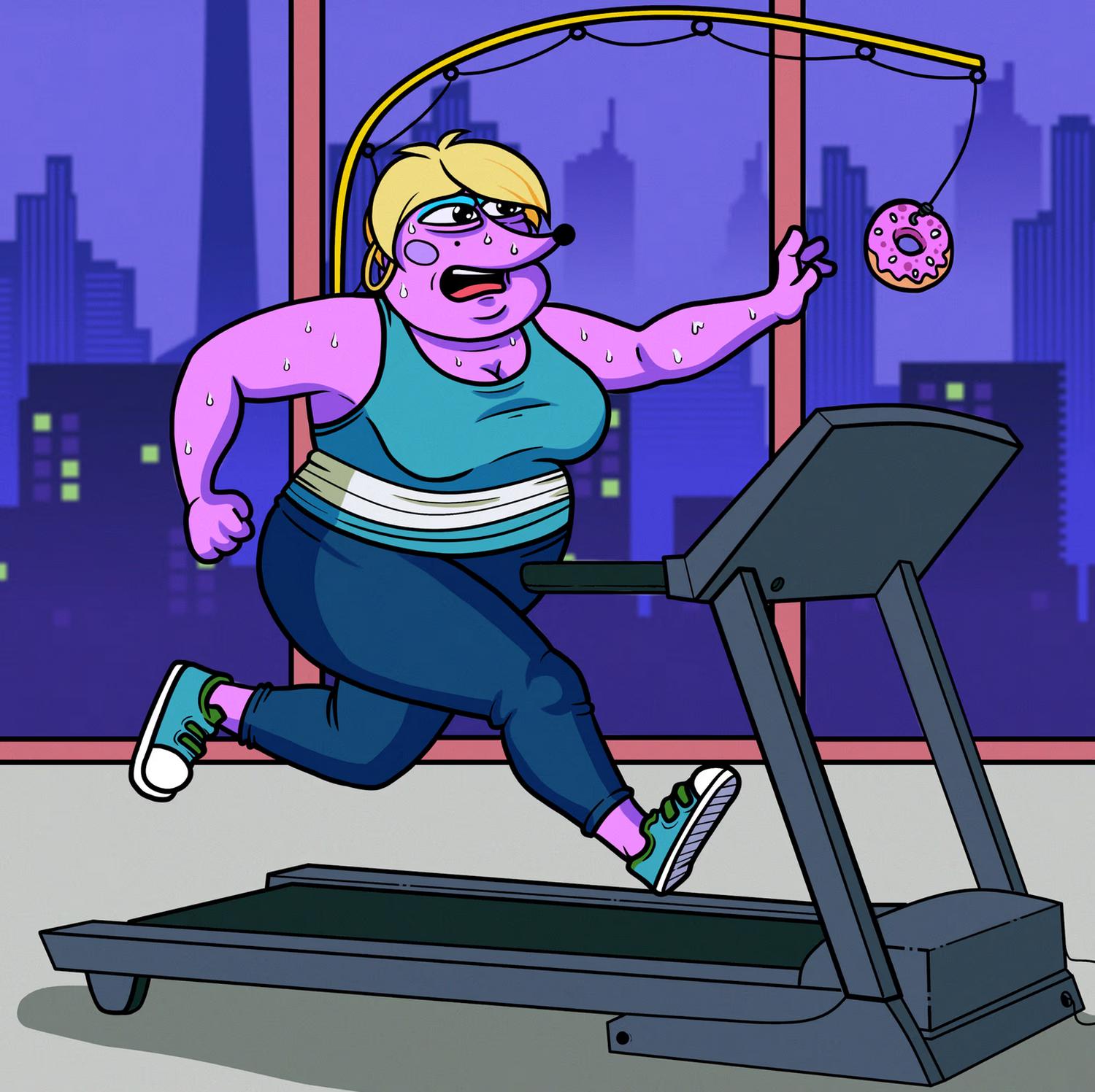 Helena running on the gym treadmill, trying to reach a donut hanging just out of her reach