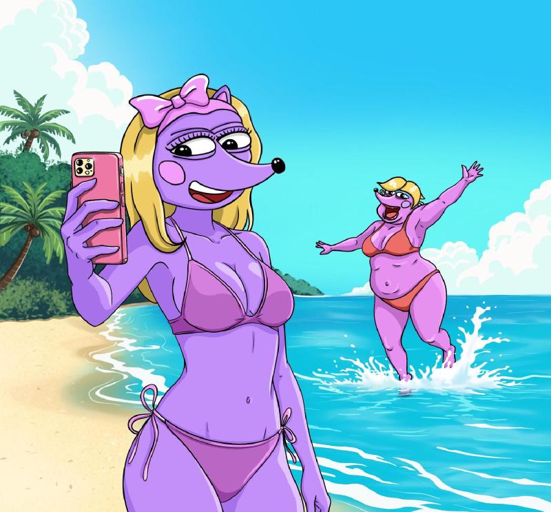 Hegena taking a selfie on the beach, with Helena jumping in the water behind