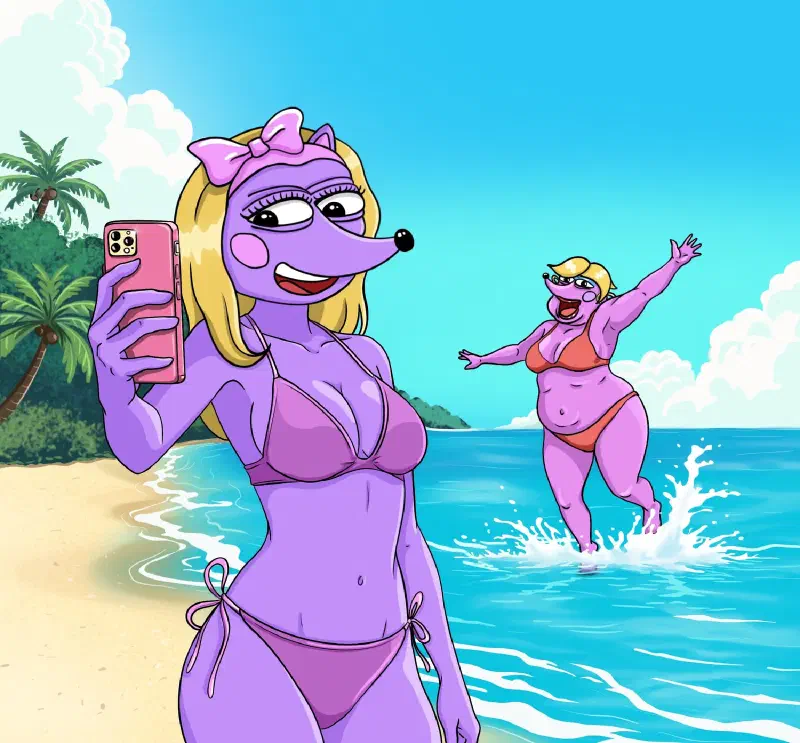 Hegena taking a selfie on the beach, with Helena jumping in the water behind