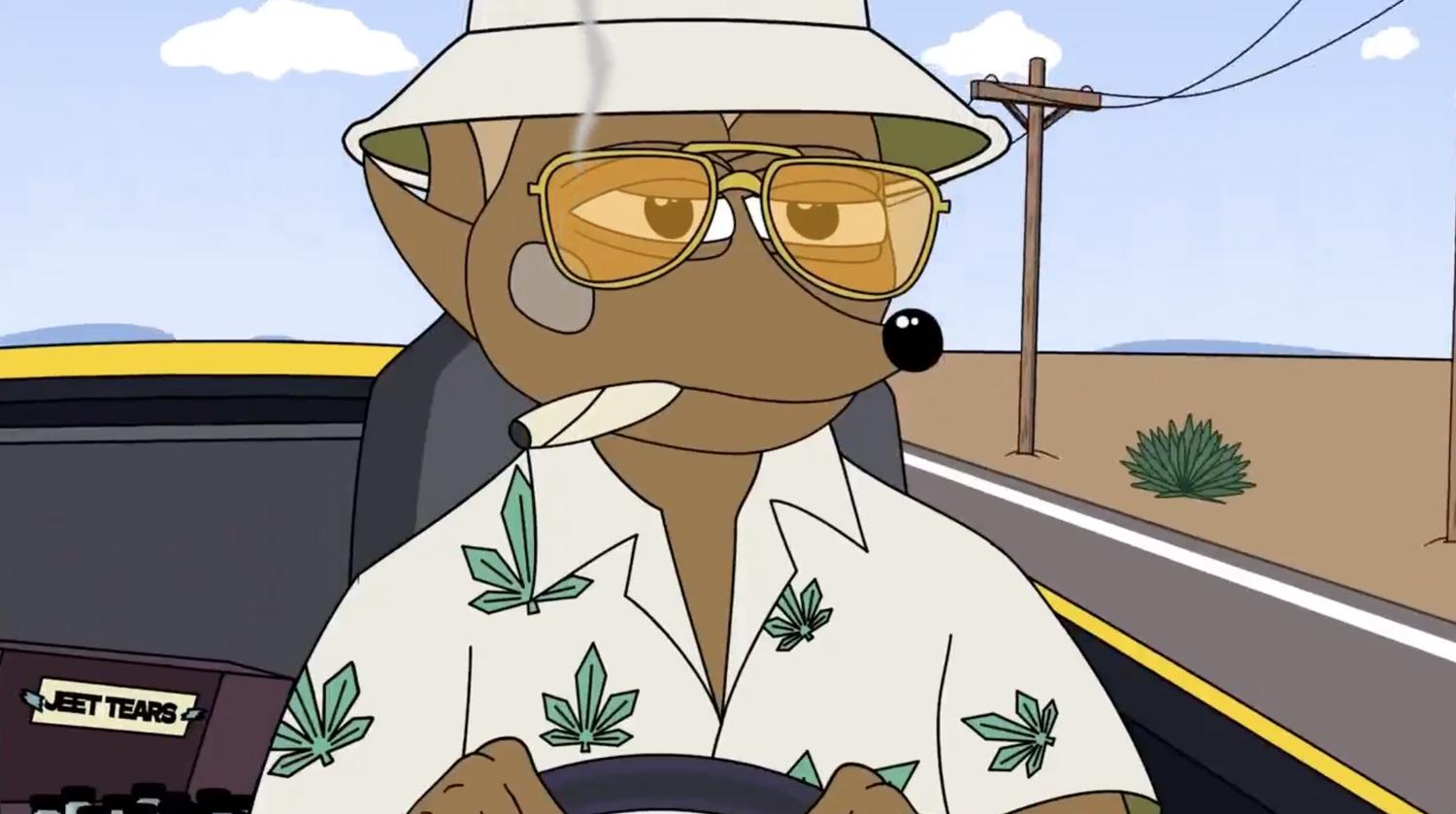 Video of Hege driving a cabriolet down the desert highway, a joint in his mouth and jeet tears in the back seat