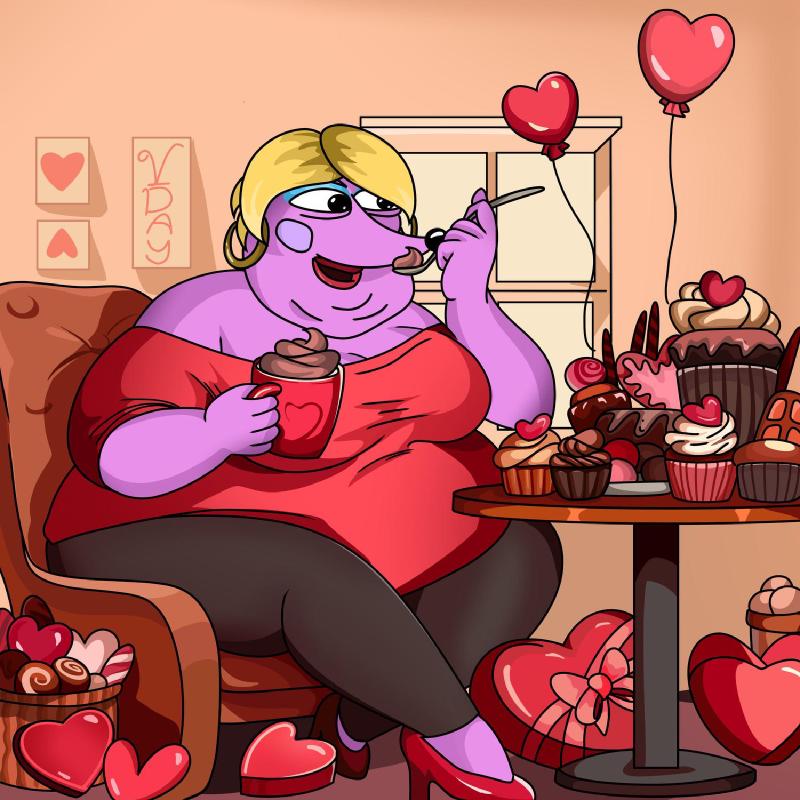 Helena devouring a table full of valentine desserts