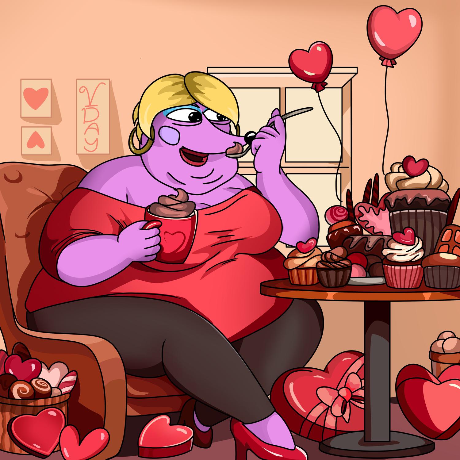 Helena devouring a table full of valentine desserts