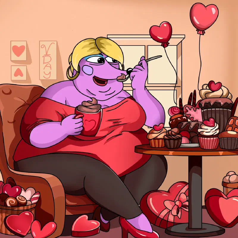 Helena devouring a table full of valentine desserts
