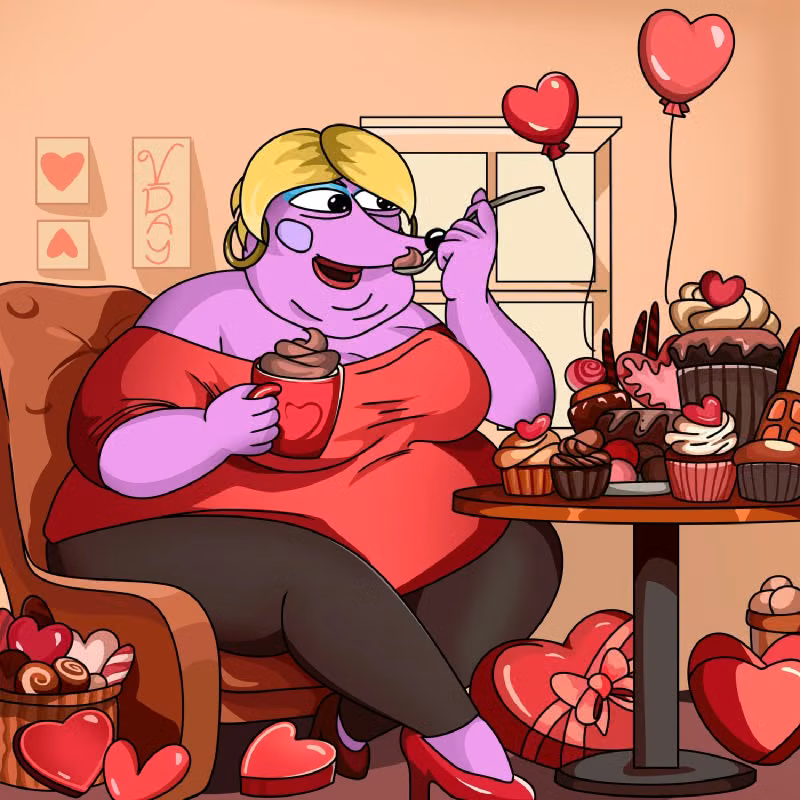 Helena devouring a table full of valentine desserts
