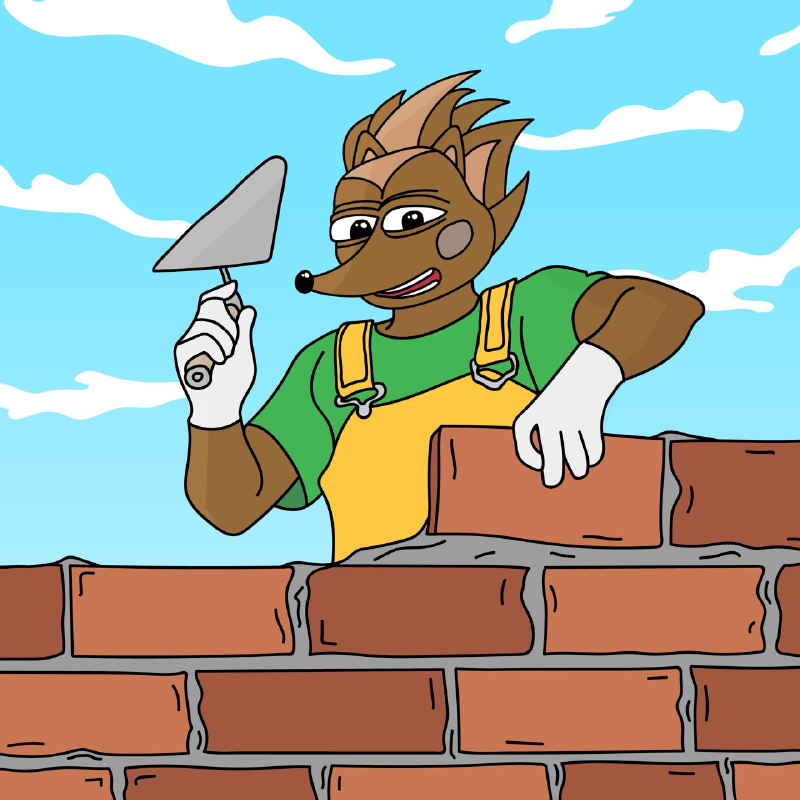 Hege building a brick wall, with a blue sky in the background