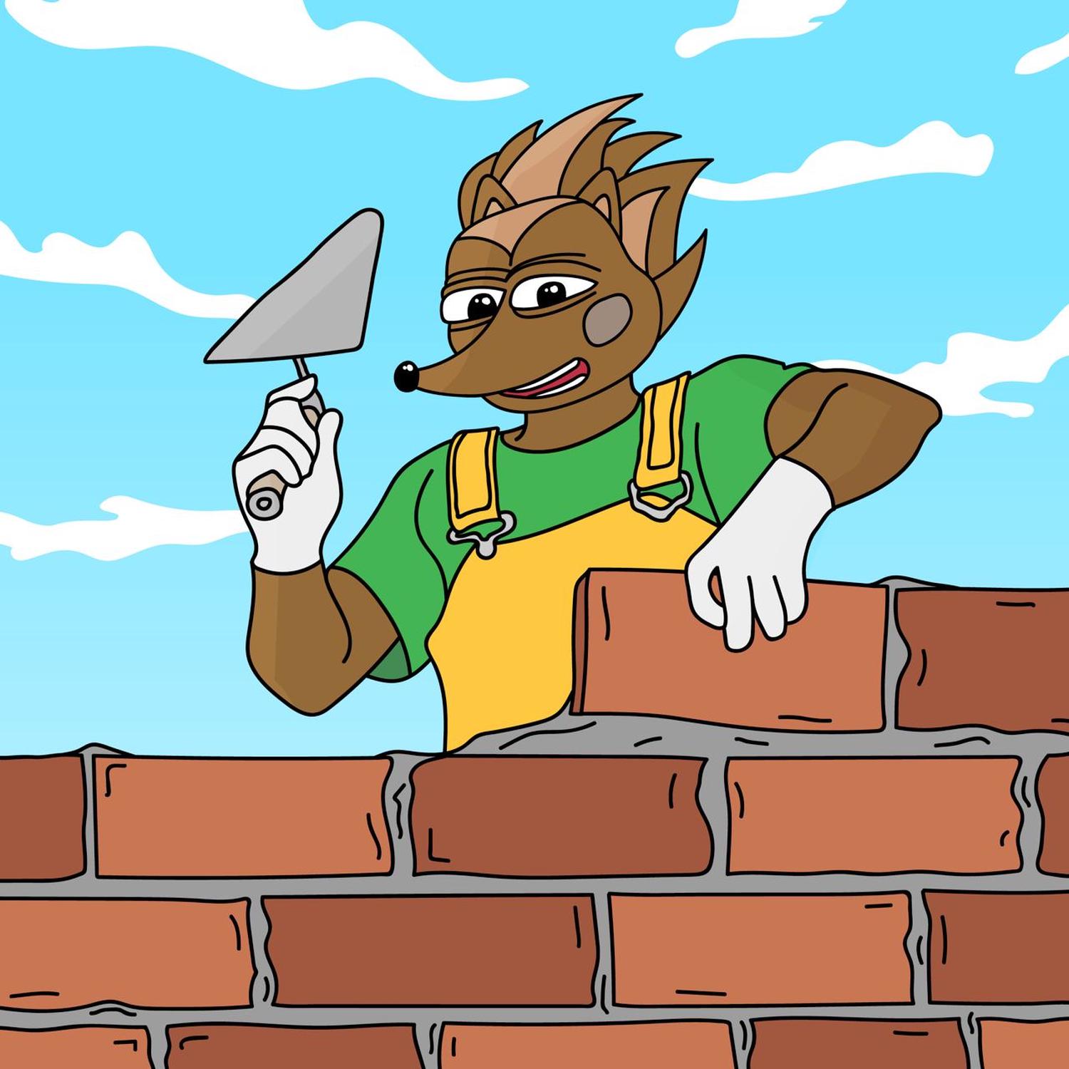 Hege building a brick wall, with a blue sky in the background