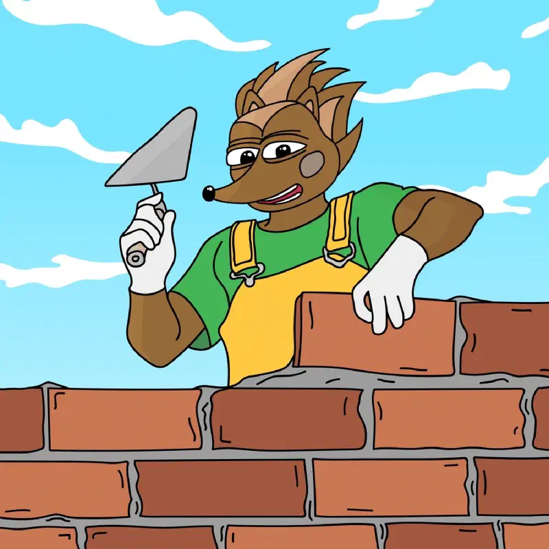 Hege building a brick wall, with a blue sky in the background