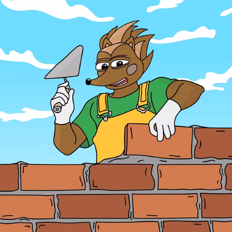 Hege building a brick wall, with a blue sky in the background