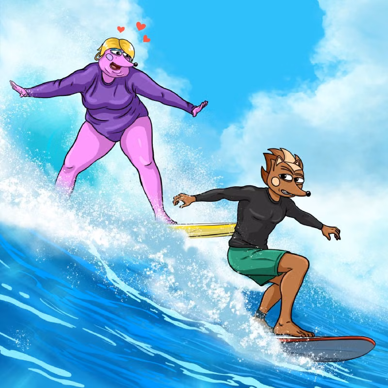 Hege surfing a wave, Helena dropping in right behind